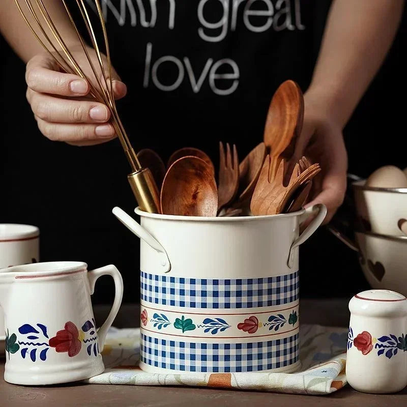 Retro Tableware Storage Bucket Draining Rack with Divider Kitchen Knife and Fork Storage Box Home Decoration for Kitchen Tools Oasis Select