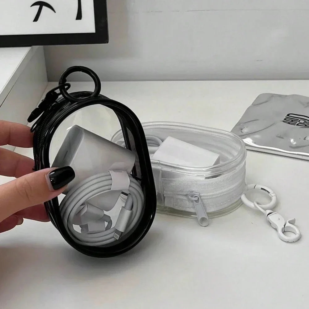 Portable Mini Transparent Storage Bag with Zipper, Multifunctional Headphone and Charger Case, Travel Accessories with Keychain Oasis Select