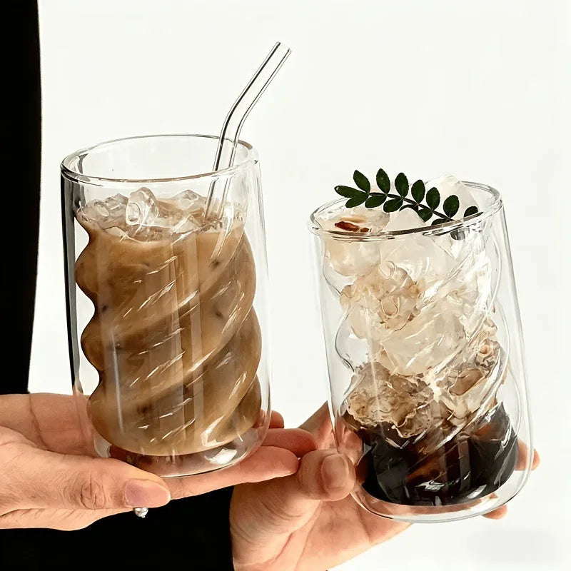 Double Wall Spiral High Borosilicate Glass Tumbler with Straw, Heat Resistant Anti-scald Reusable Cup for Iced Coffee Milk Juice Oasis Select