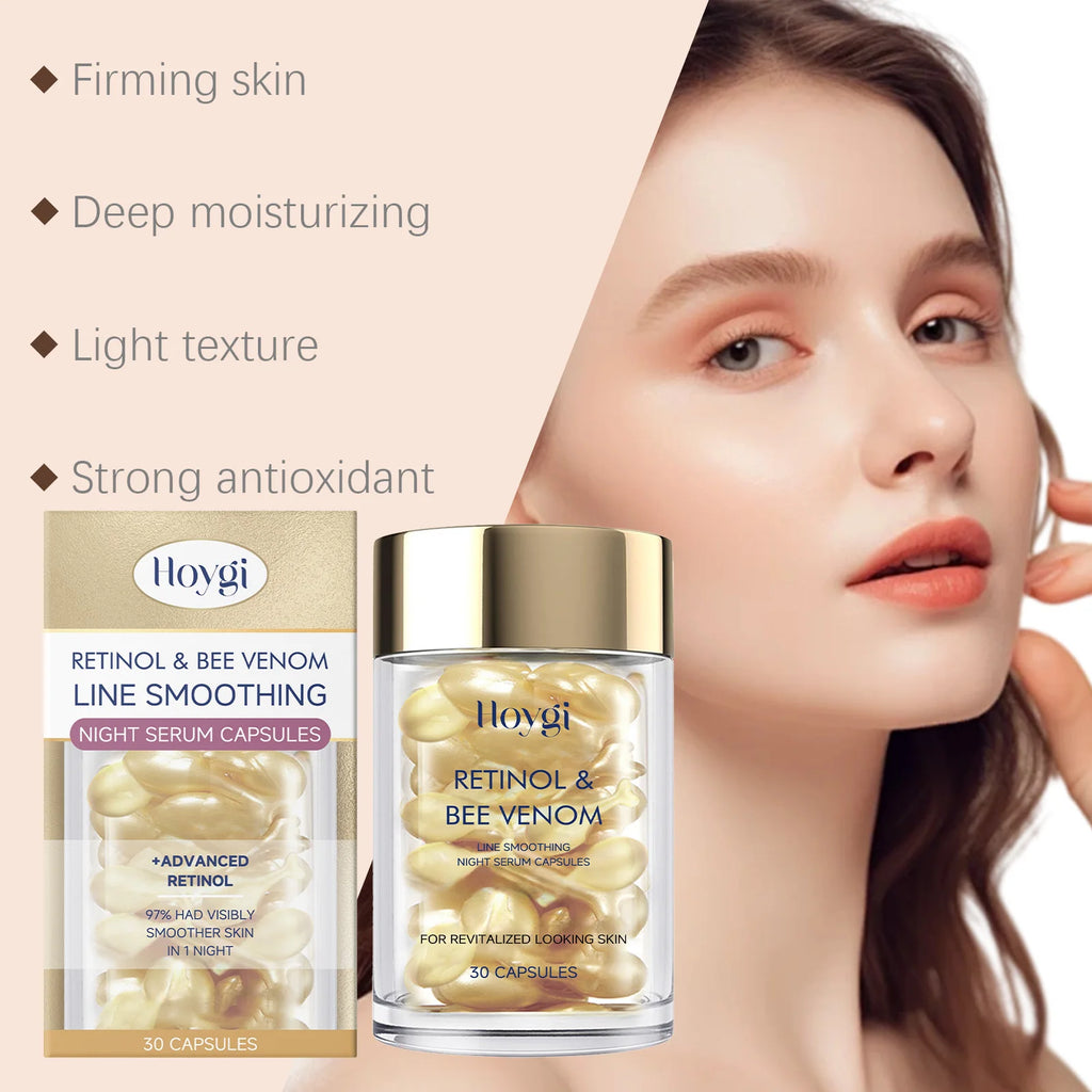 Retinol Bee Venom Facial Capsules Anti-Wrinkle Firming Smoothing Moisturizing Facial Skin Anti-Aging Night Serum for Face & Neck Oasis Select