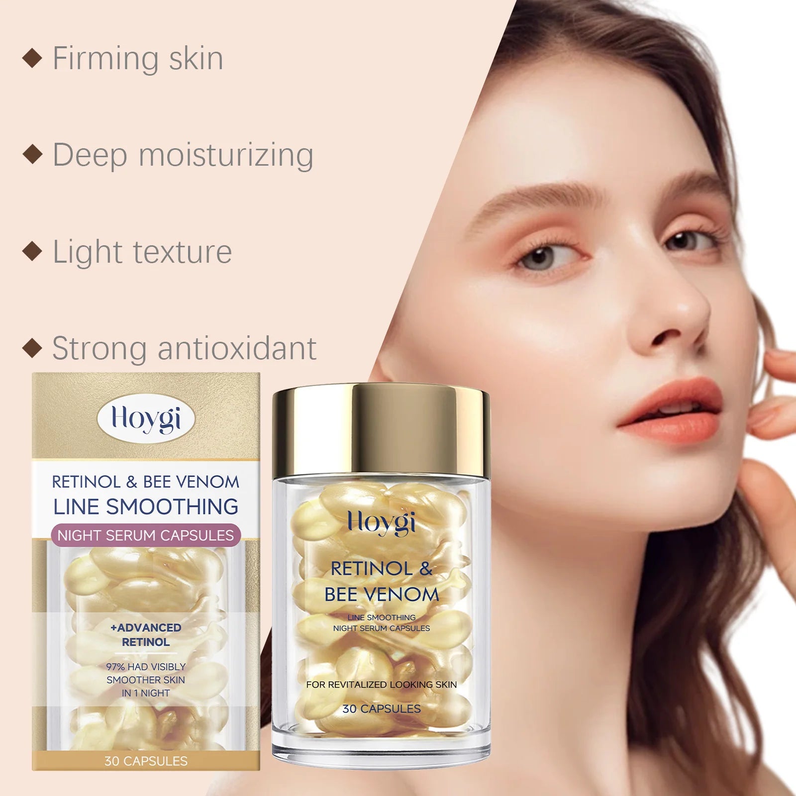 Retinol Bee Venom Facial Capsules Anti-Wrinkle Firming Smoothing Moisturizing Facial Skin Anti-Aging Night Serum for Face & Neck Oasis Select