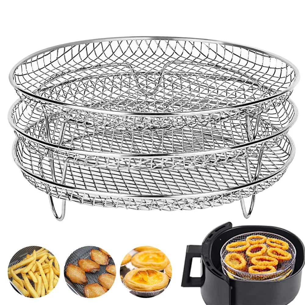 3-layers Air Fryer Rack Stainless Steel Stackable Grid Grilling Drying Steam For Air Fryer Basket Tray Air Fryer Accessories Oasis Select Light Grey