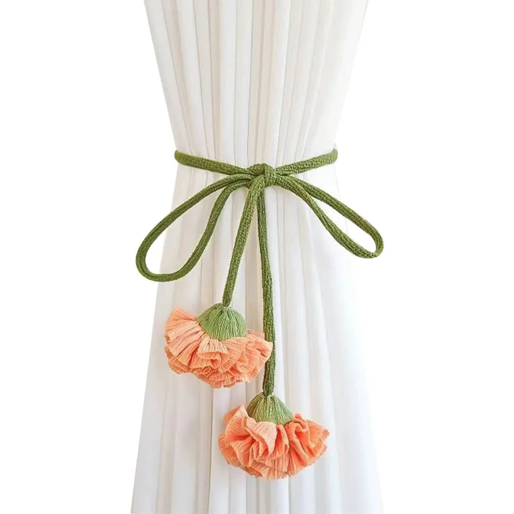Elastic Band Curtain Tieback No Punching Adjustable Window Curtain Buckles Flower Shape Tassels Curtain Rope Holders Living Room Oasis Select Orange