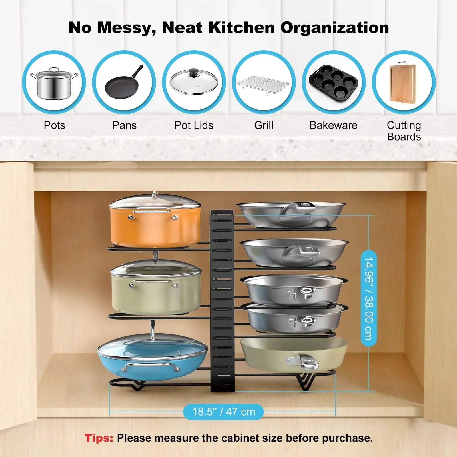 Pot Rack Organizer Under Cabinet,8 Tier Adjustable Pot Organizers Inside Cabinet,Pan Storage Organizer Rack for Storing Pots Pan Oasis Select