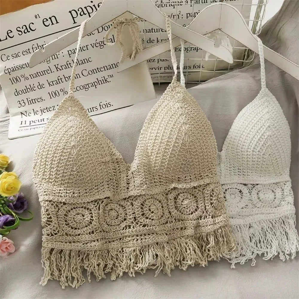 Women's Boho Fringe Backless Halter Tie Neck Underwear Outerwear with Neck Hanging Embroidery Tassel Suspender Vest Short Tank Oasis Select