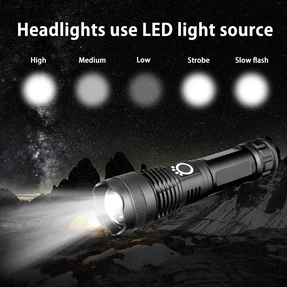 P50 Lamp Bead LED Flashlight Telescopic Zoom Torch Powerful Lantern 5 Lighting Mode USB Rechargeable Camping Emergency Light Oasis Select