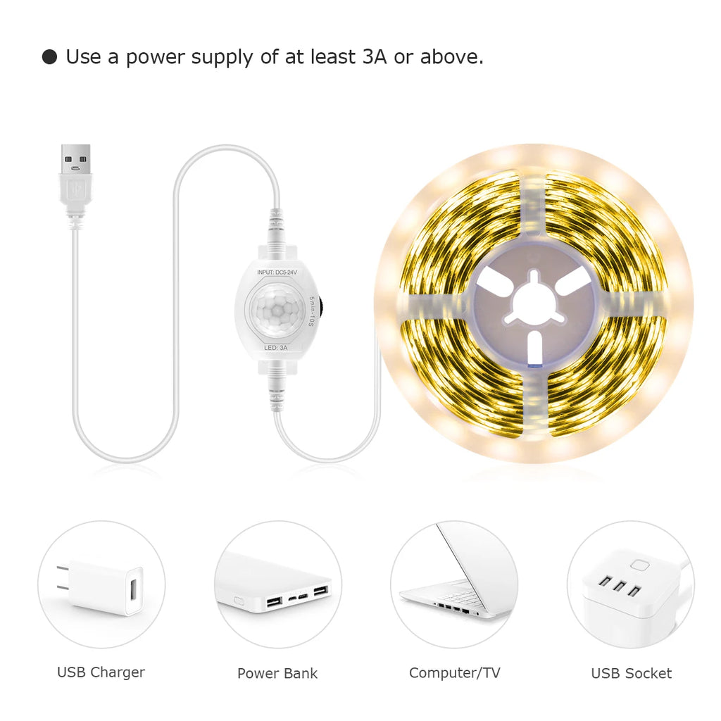 5V USB Smart PIR Motion Sensor LED Strip Light Auto ON/OFF 60leds/M Waterproof for Kitchen,Stair,Corrdior,Bedroom Night Lighting Oasis Select