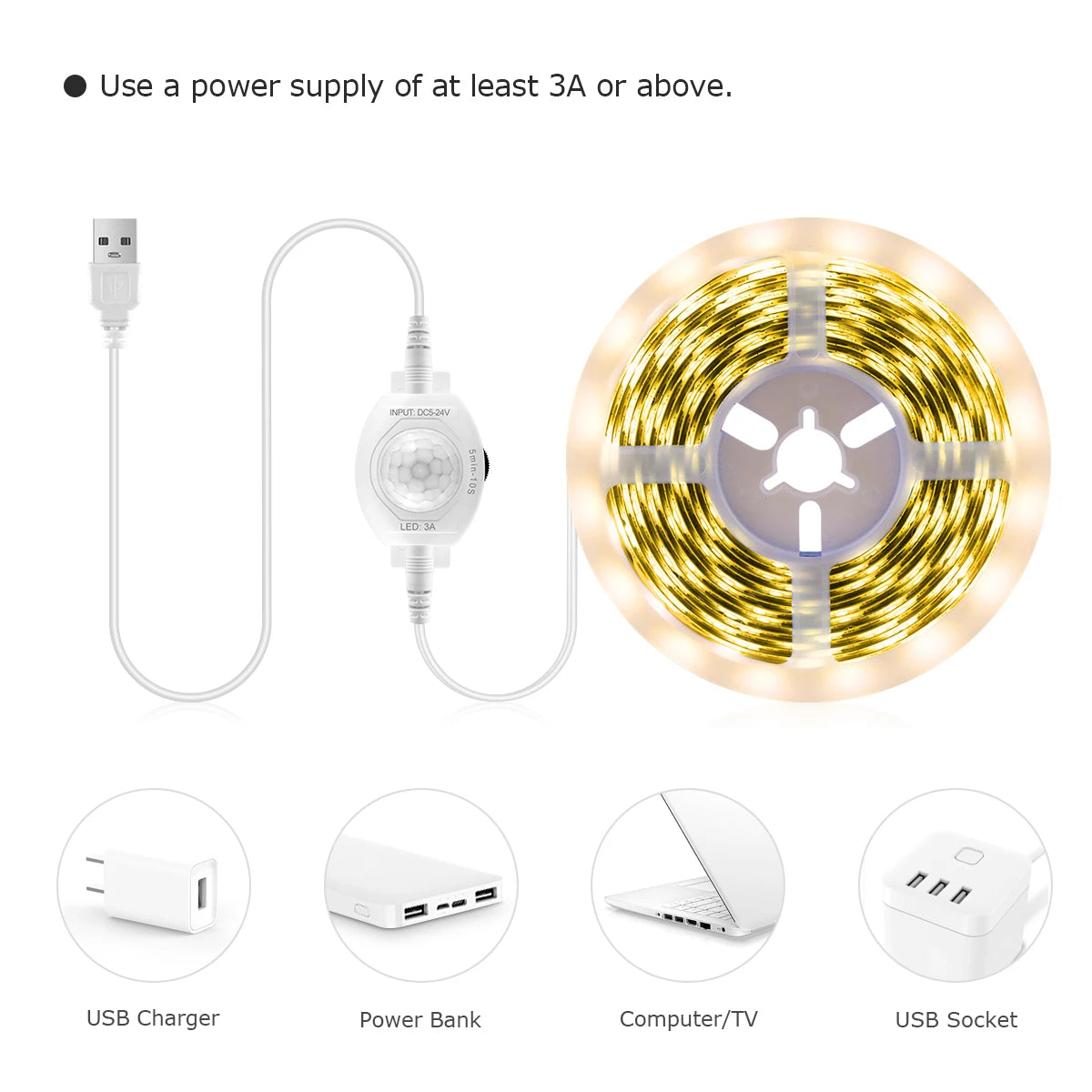 5V USB Smart PIR Motion Sensor LED Strip Light Auto ON/OFF 60leds/M Waterproof for Kitchen,Stair,Corrdior,Bedroom Night Lighting Oasis Select