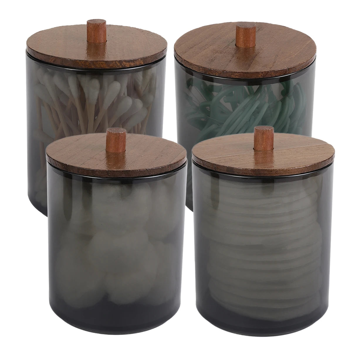 4 Piece/Set Cotton Swab Holder, Black Cups with Walnut Stained Wood Lids Pill Jar Containers, Cotton Swabs, Dental Floss Oasis Select Default Title
