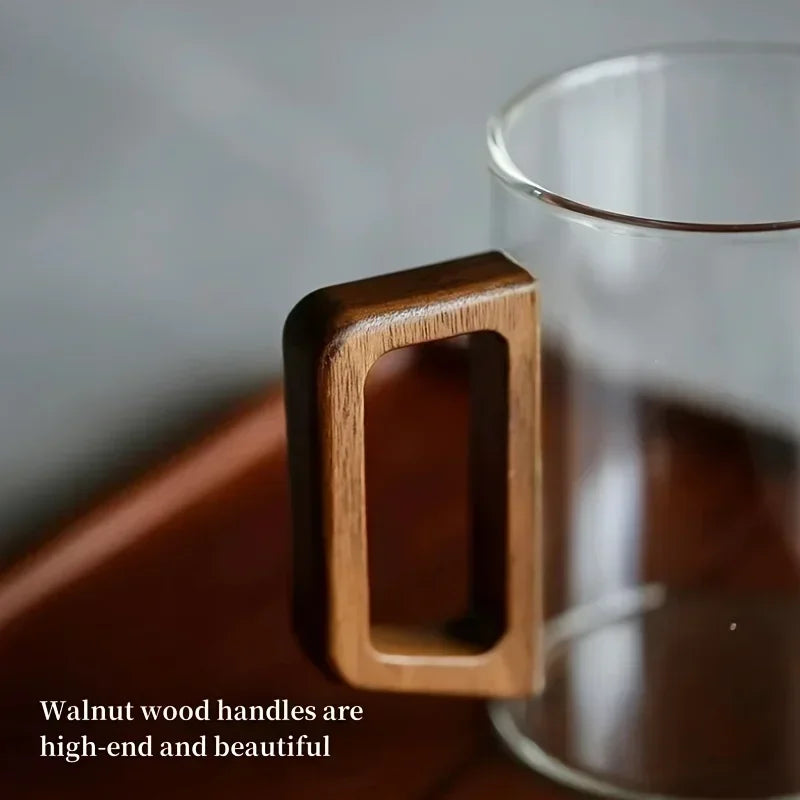 1/2pcs 400ml Glass Cups with Walnut Handle Household Heat-resistant Mug Large Capacity Tea Making Cup Office Drinking Glasses Oasis Select