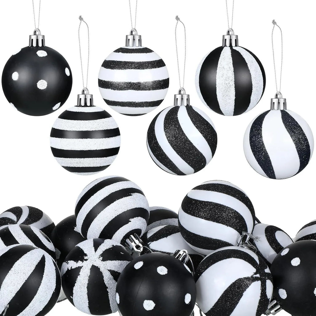 24 Christmas Black And White Ball Party Tree Decorations Plastic Painted Ornaments 6cm Striped Dot Hanging Balls Oasis Select White