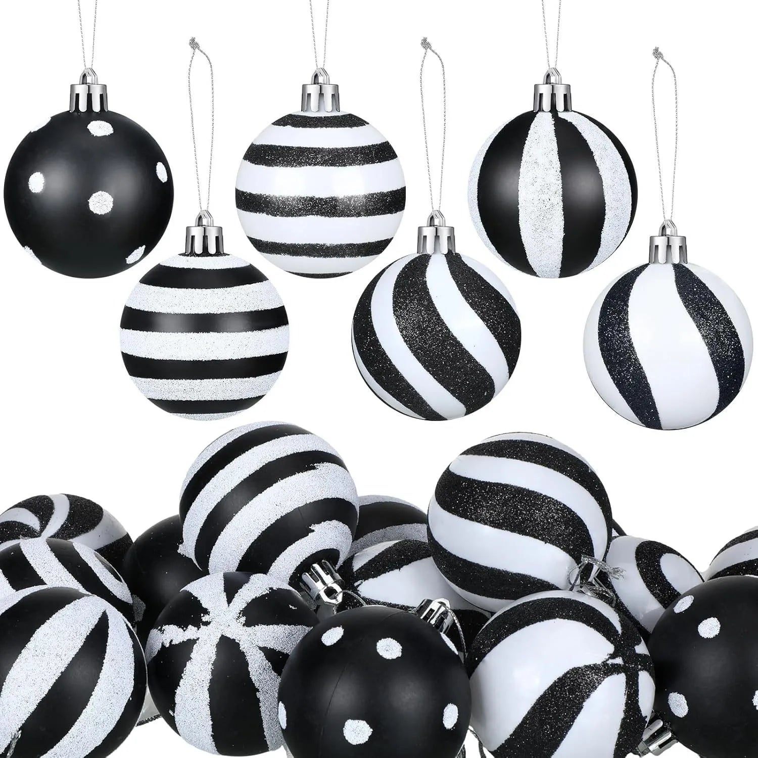 24 Christmas Black And White Ball Party Tree Decorations Plastic Painted Ornaments 6cm Striped Dot Hanging Balls Oasis Select White