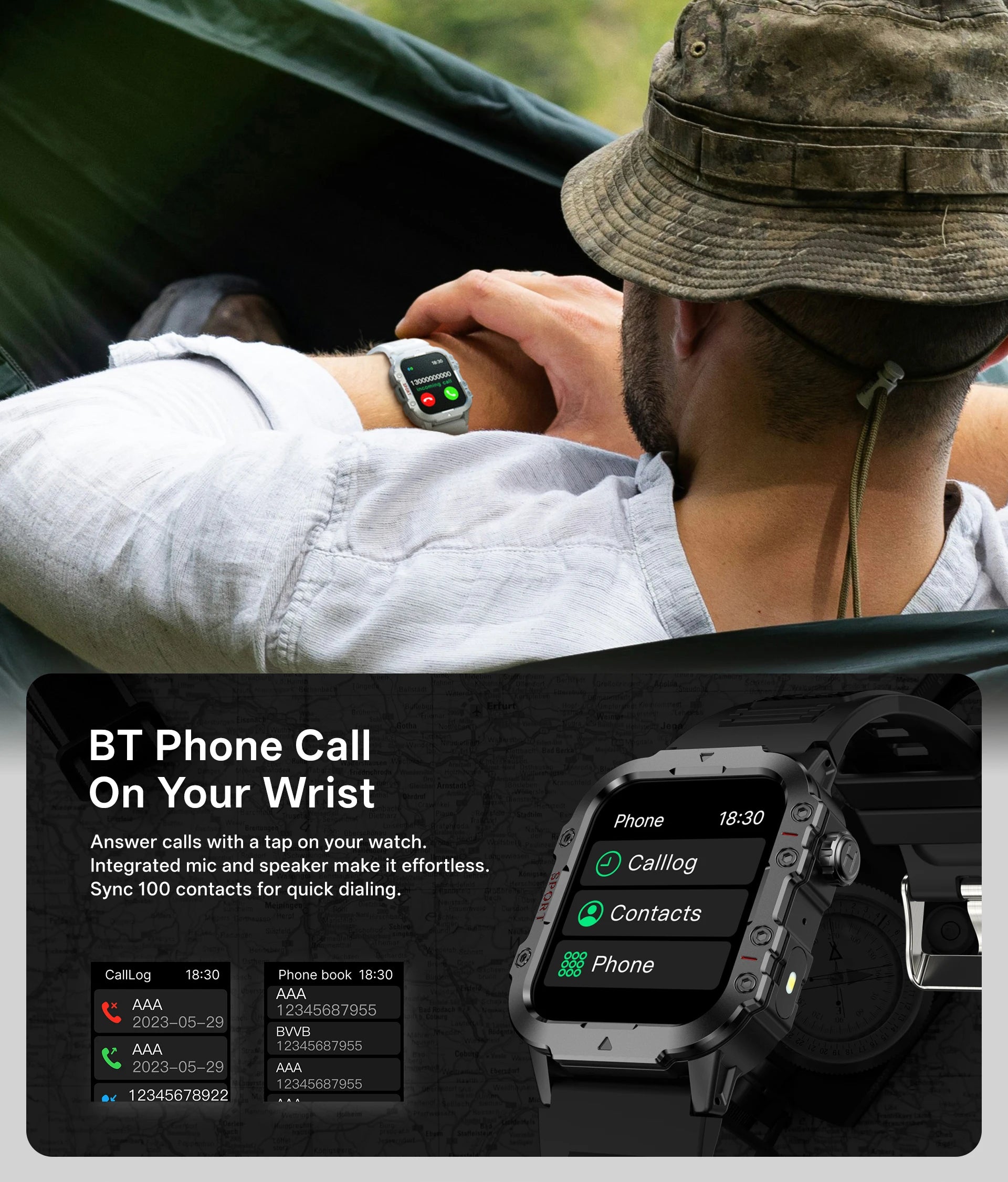 COTAUL Military Smartwatch 1.44" BT Call GPS Fitness Tracker