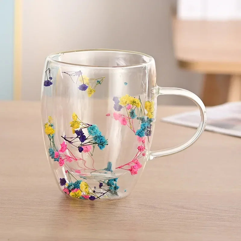 1PCS 300ml Double Wall Glass Cup with Handle Dried Flower Decorated Ins StyleDurable Coffee Milk Mug Heat Resistant Tea Cups Oasis Select Multicolor1-350ml 300ml