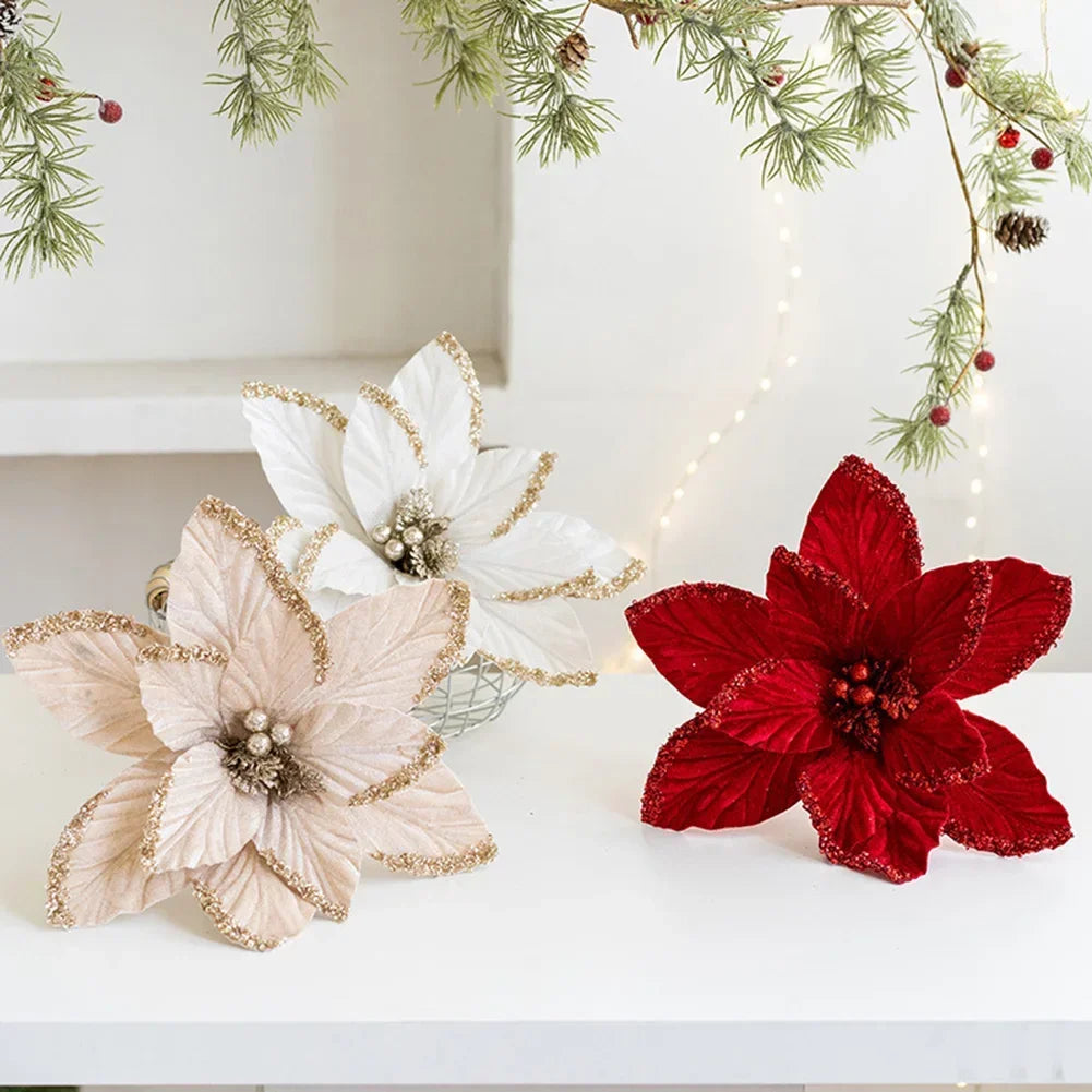 Christmas Glitter Christmas Poinsettia Artificial Christmas Flower Handmade Craftsmanship High-quality Material Realistic Design Oasis Select