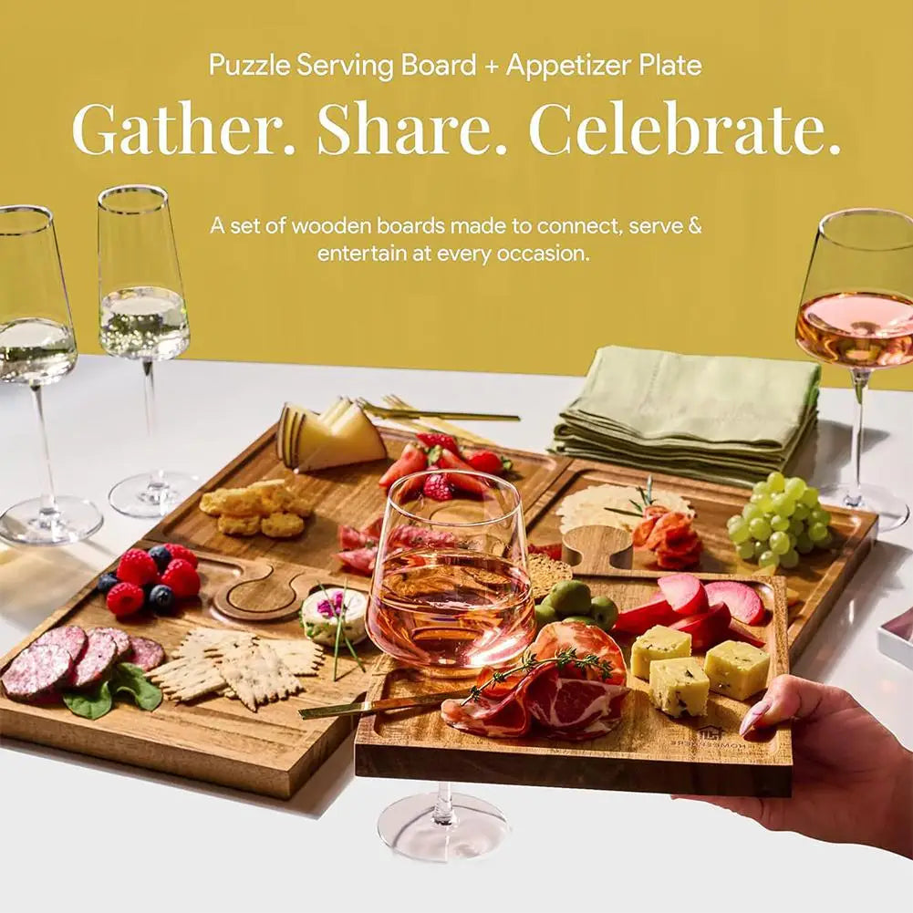 4-Piece Interlocking Wooden Serving Tray Set | Puzzle Design