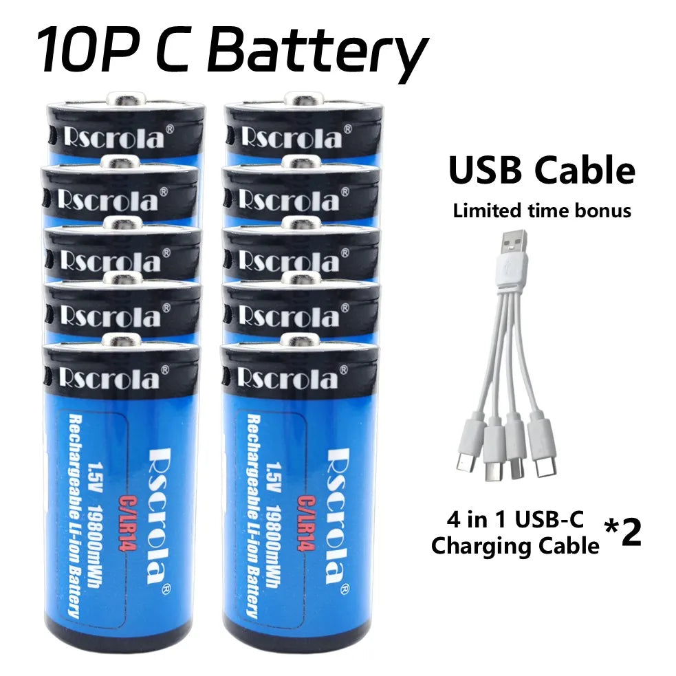 USB-C Rechargeable C Batteries, 19800mWh 1.5V C Batteries, Fast Charging 2 Hours, Replace LR14 Battery for Speakers & Doorbells Oasis Select 10P C Battery
