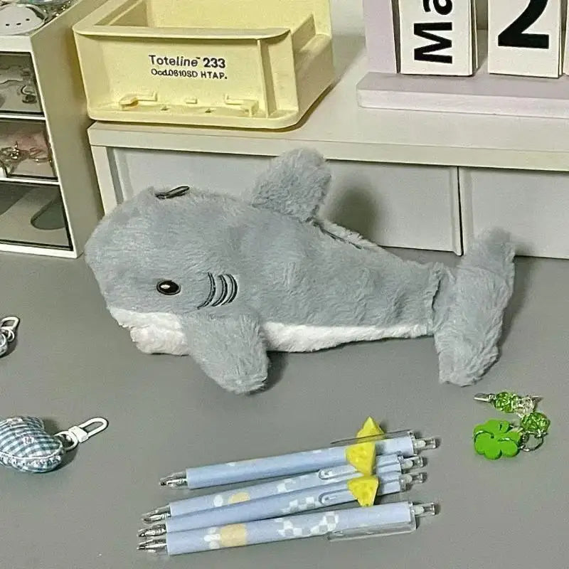 Cute Cartoon Little Dolphin Shark Plush Pen Case Large Capacity Stationery Storage Bag Pencil Case Multi Functional Plush Bag Oasis Select A3