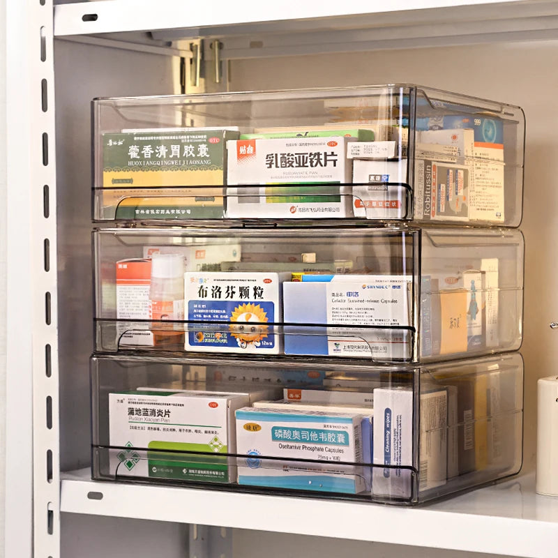 1pc gray drawer acrylic medicine storage box, large capacity stackable medicine sorting box, pull-out medicine box Oasis Select