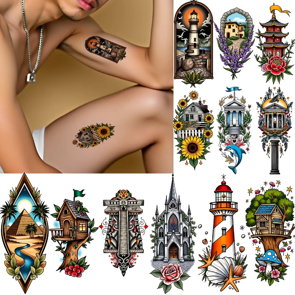 9-Pack Temporary Tattoo Stickers – Lighthouse, Flowers & Church Temporary Tattoo Stickers Oasis Select