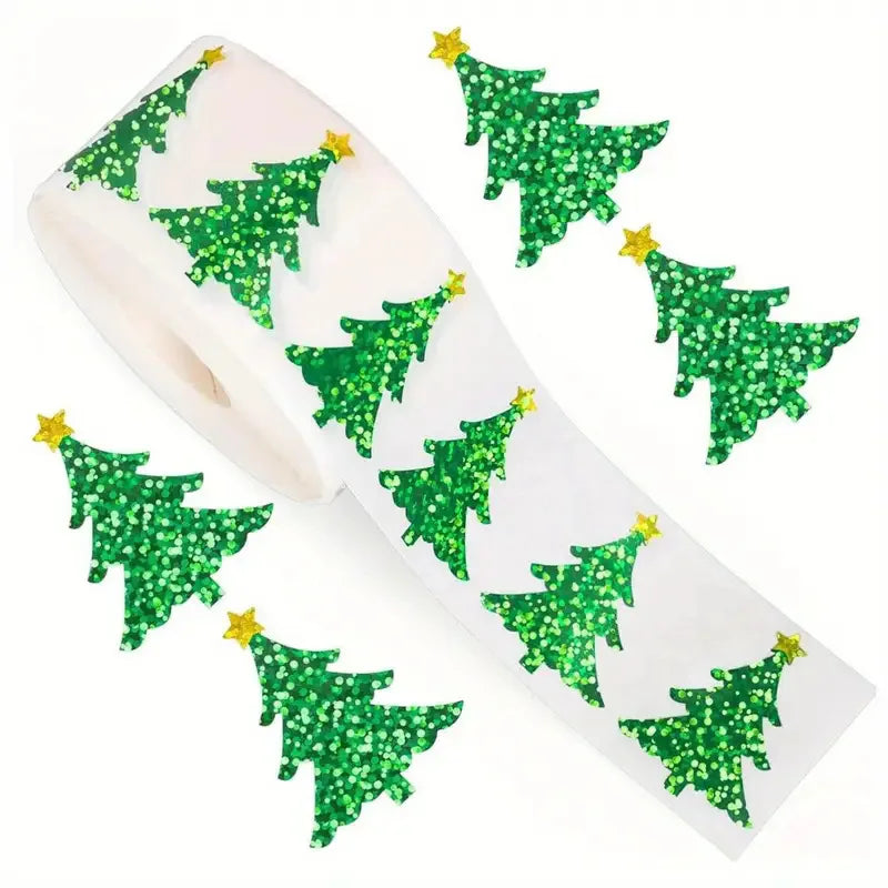 500pcs/roll Flash Green Christmas Tree Stickers Laser Xmas Gift Seal Sticker Stationery Stickers Envelope Journal Decor Oasis Select Style B