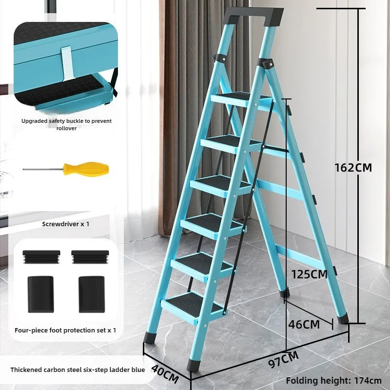 Home ladder stool folding zigzag ladder anti slip pedal ladder indoor and outdoor multifunctional portable ladder Oasis Select Six steps blue