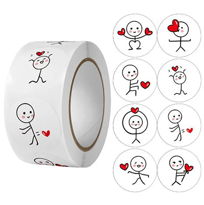 1 Roll/500pcs Cartoon Matchstick Man Sticker, Round Adhesive Label, Creative Stickers For Children's Journaling And Sealing Oasis Select