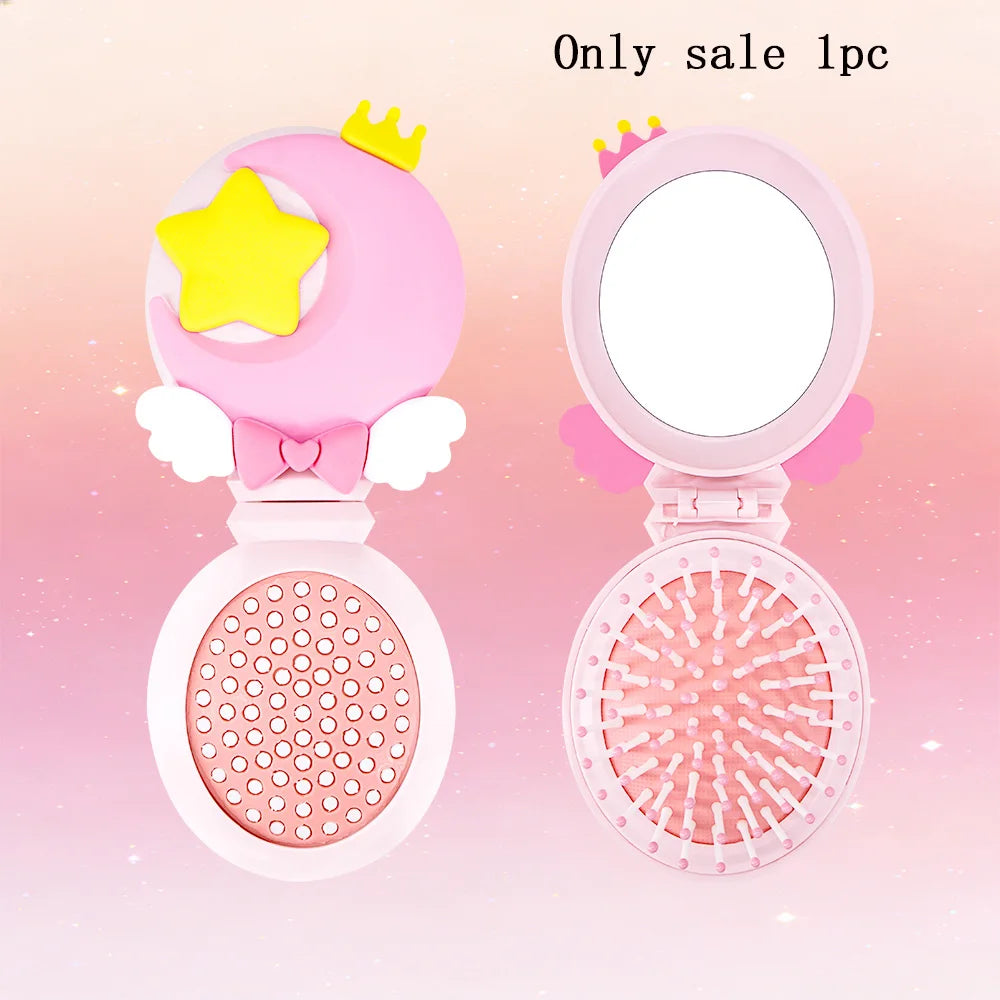 Magic Folding Mirror Comb – Moon & Star 2-in-1 Hair Brush Folding Mirror Comb Oasis Select UV175Moon-pink-02