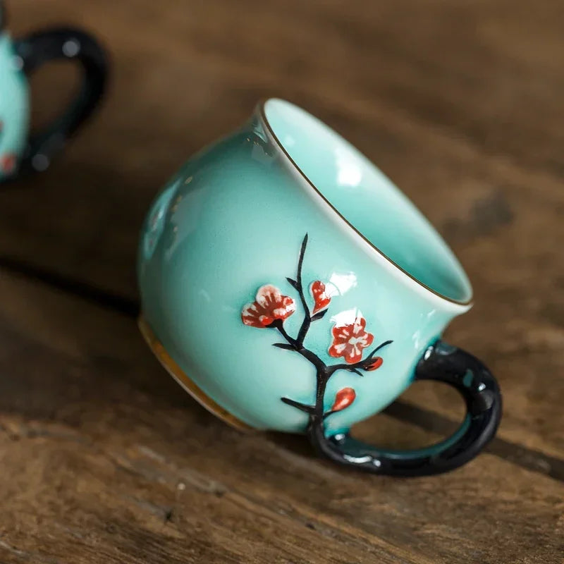 Chinese Handmade Plum Pattern Ceramic Tea Cup Small Coffee Cups with Handle China Porcelain Mugs Tea Set Oasis Select