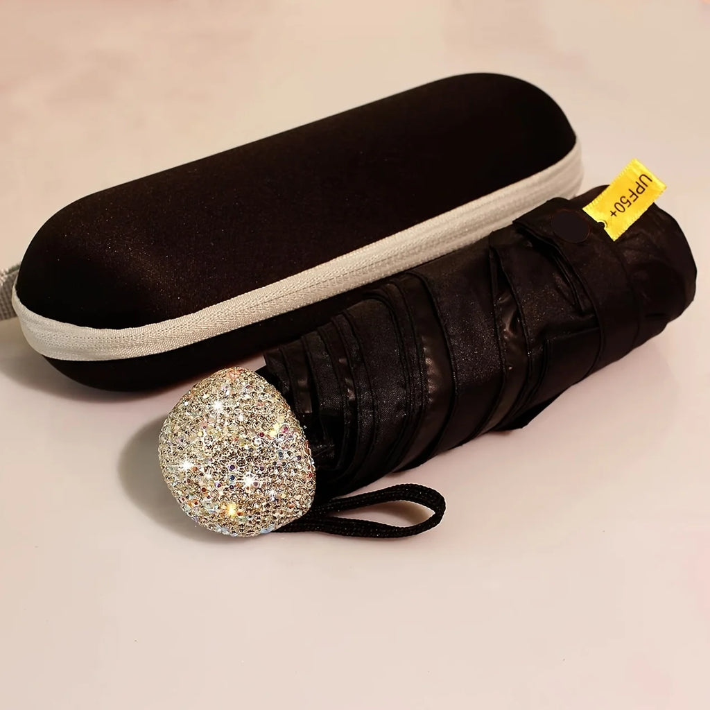 Folding Umbrella Sparkling Artificial Rhinestones Outdoor Sunshade UV Umbrella Portable for Both Sunny and Rainy Weather Oasis Select iron 5K Black