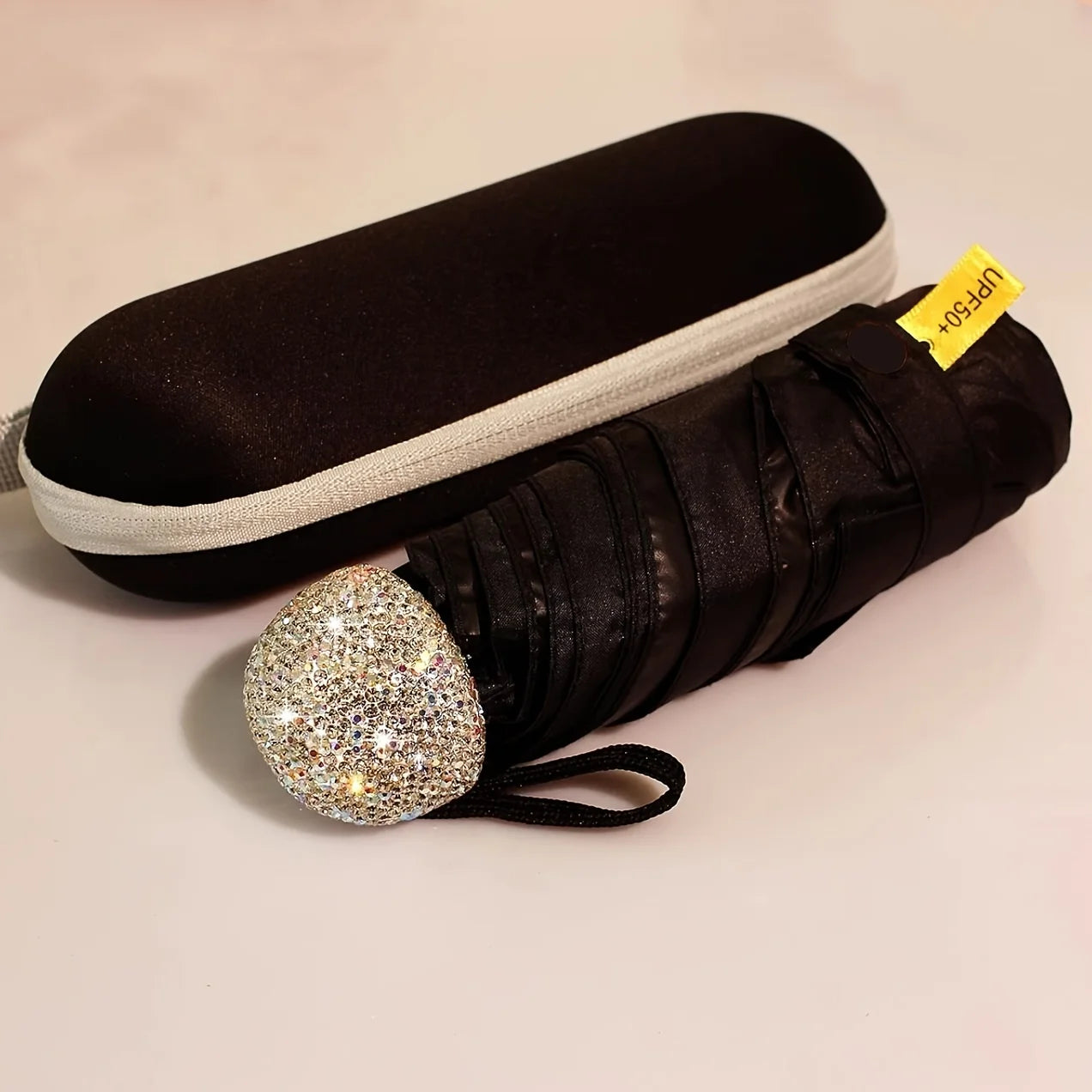 Folding Umbrella Sparkling Artificial Rhinestones Outdoor Sunshade UV Umbrella Portable for Both Sunny and Rainy Weather Oasis Select iron 5K Black