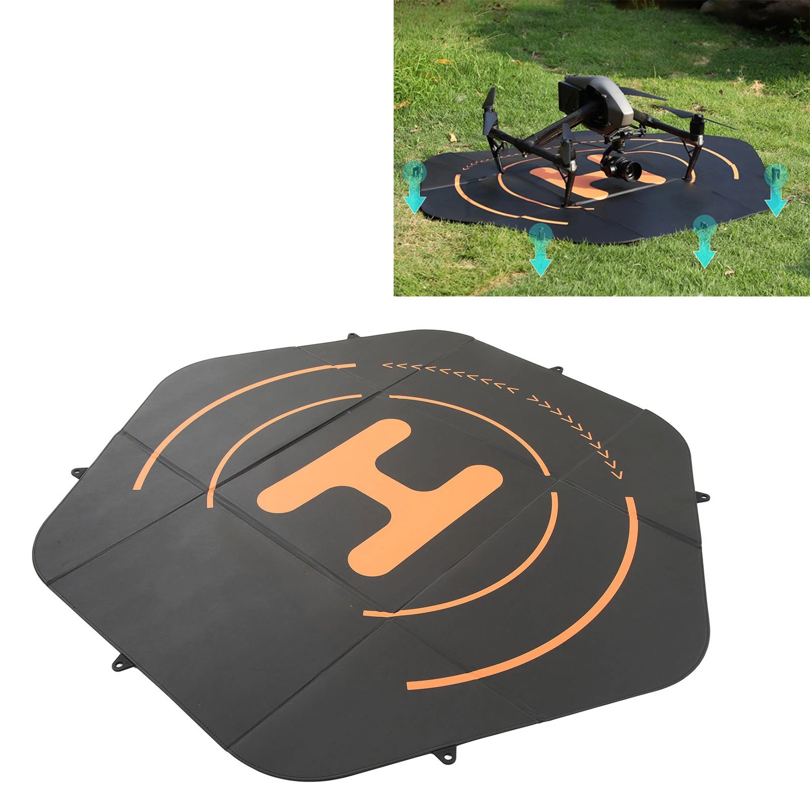Drone Landing Pads Black Helicopter Landing Pads 110cm Hex Foldable Portable Double Sided with Ground Nail for Protection Oasis Select