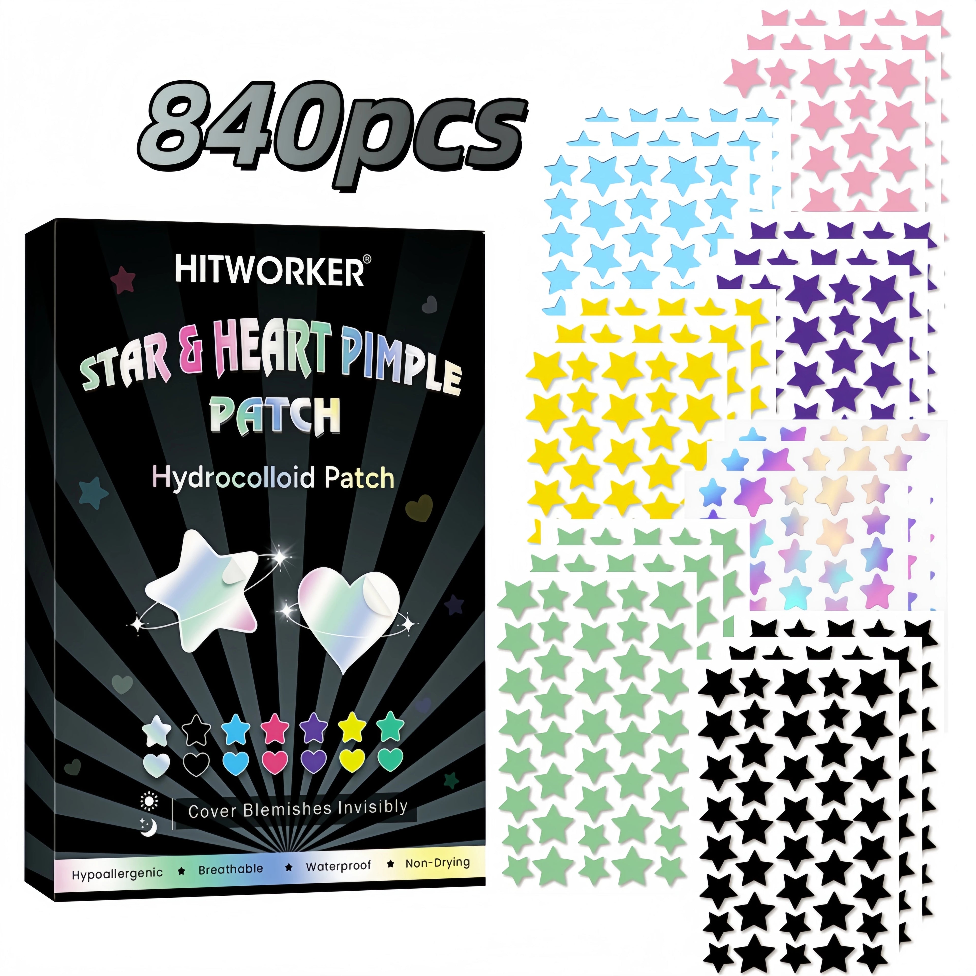 Water based colloidal star shaped 7-color acne patch, 840/560 tablets/box - alcohol free, used to absorb acne secretions Oasis Select 840pcs