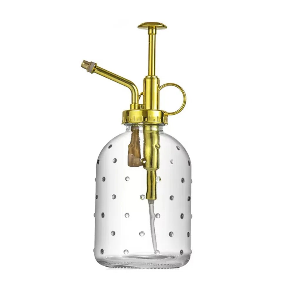 Push-type Glass Spray Bottle Rain Drop Hand Pressure Garden Watering Can Leak-proof Non-slip Bottom Clear Flower Sprayer Oasis Select Gold 350ml