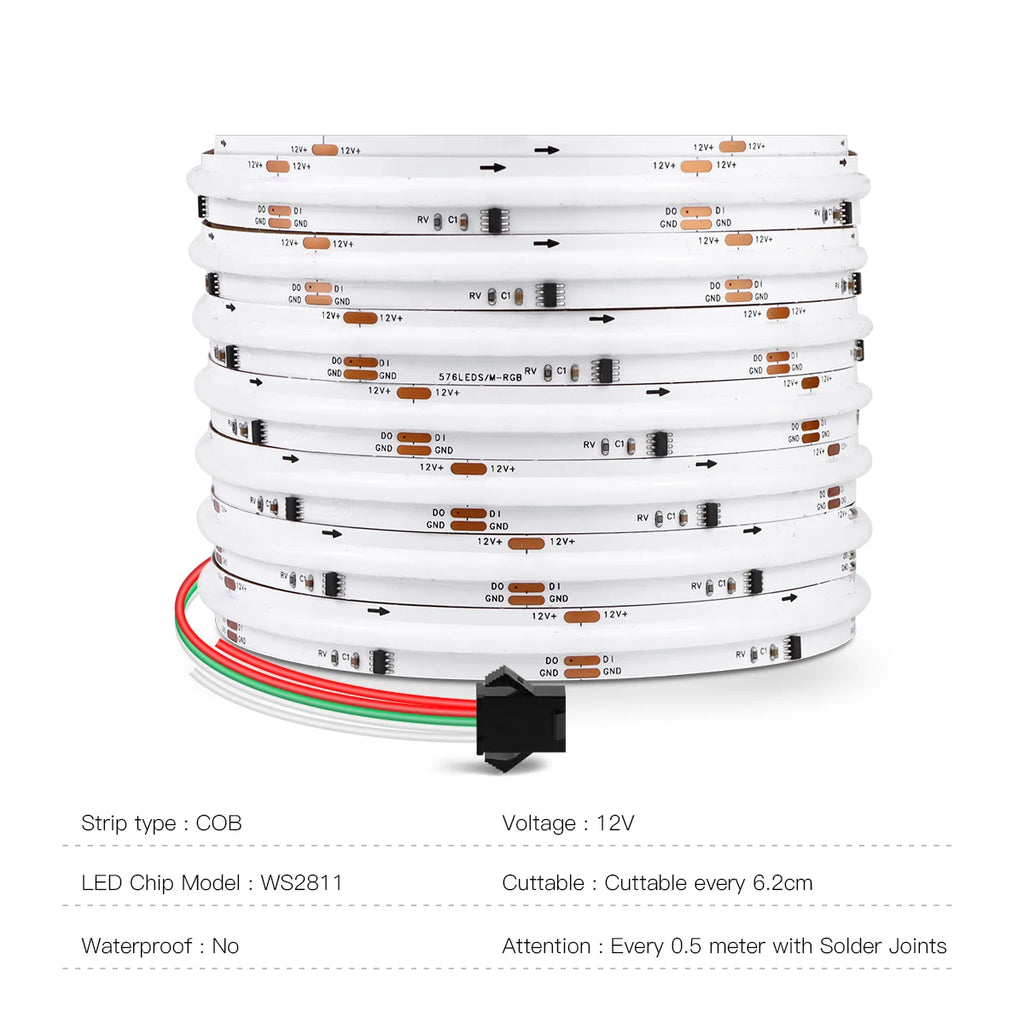 WS2811 Addressable SPI Dream Color LED Strip Light 576LEDs/M FCOB RGBIC Flexible WS2812B COB Ribbon 10mm 12V Led Lights RA90 Oasis Select