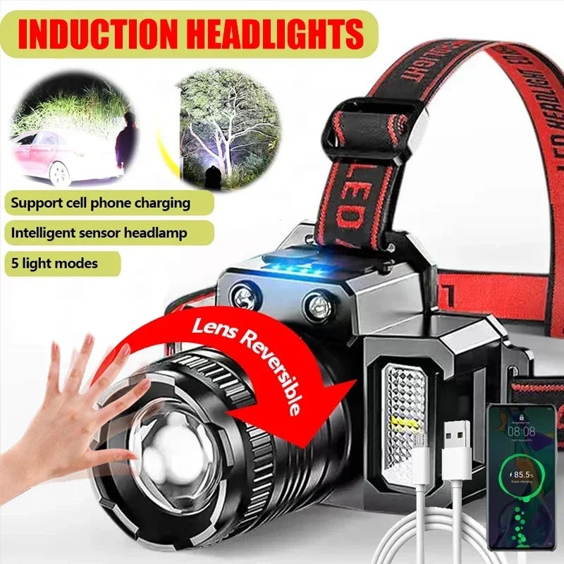 KDULIT Powerful LED Induction Headlamp Rotating Zoom USB Rechargeable Head Flashlight Outdoor Camping Fishing Headlight Oasis Select