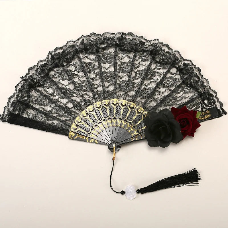 Female Lace Hand Fan Lolita Gothic Fan Victorian Vintage Black White Red Rose Bamboo Fans Cosplay Halloween Party Photo Prop Oasis Select F