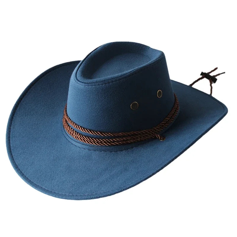 Western Cowboy Hat Vintage Wide Brim, Sun Protection Outdoor Hat for Riding Camping Hiking, Solid Color Jazz Basin Hat Oasis Select Cyan