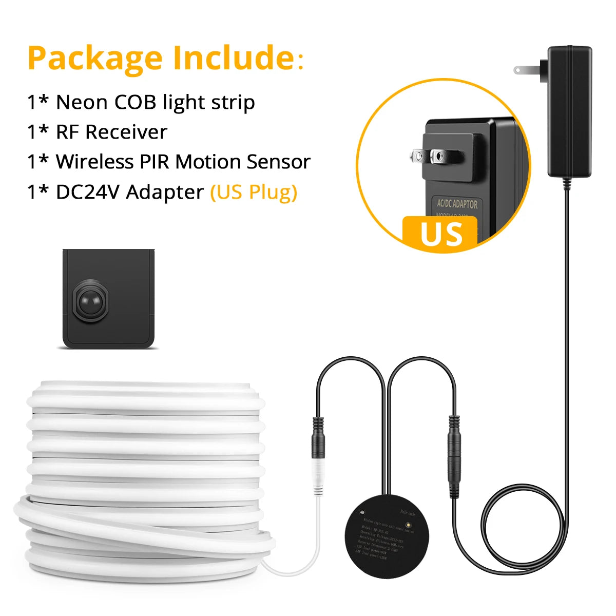 24V COB Neon LED Strip Smart Night Lamp Portable PIR Motion Sensor Switch with Silicone Tape for Bed Stair Corridor Lighting Oasis Select 1Pcs Sensor-US Plug WHITE 3m