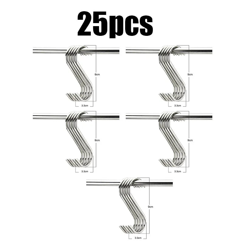 5/10/20/25pcs Stainless Steel S-Shape Hooks Multifunction Hanging Hook For Clothes Bags Towels Home Kitchen Storage Rack Holders Oasis Select 25pcs-L