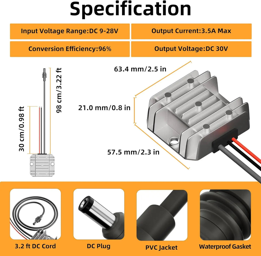 10-28V to 30V 3.5A Supply Power 12V24V to 30V Conversion Kit Step-Up with Cigarette Lighter Plug Suitable for Trucks DC Cable Oasis Select male connector 9-28V 30V 3.5A