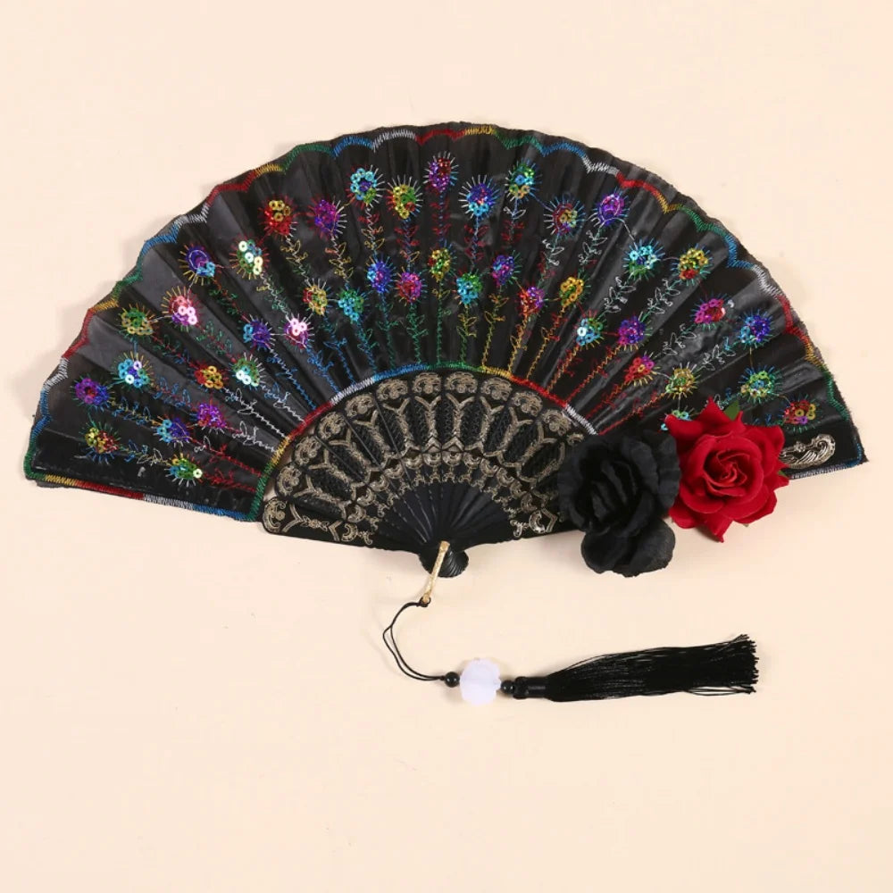 Sequin Embroidered Rose Lace Folding Fan with Tassel - Vintage European Handheld Fan for Cosplay Halloween Party Supplies Oasis Select Style 8