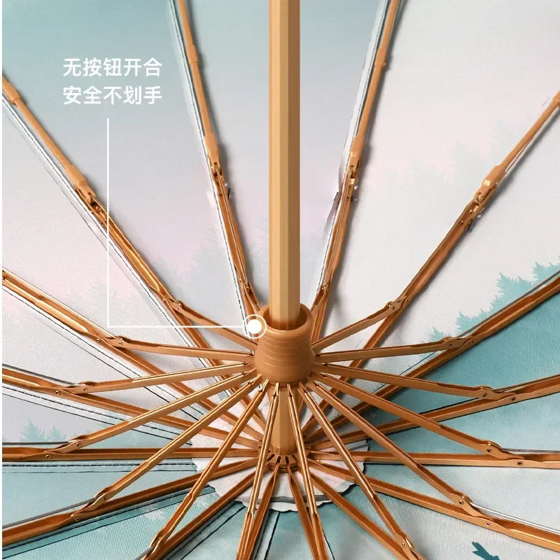 16 Bone Three Fold Wood Handle Vinyl Wind Resistant Business Advertising Gift Umbrella Sun Umbrella Oasis Select