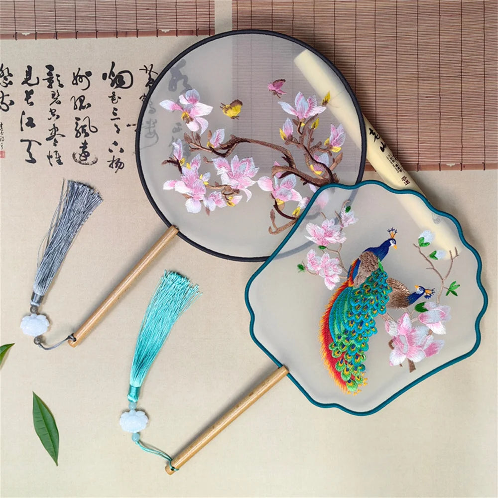 Flower Embroidered Silk Round Fan Chinese Hand Fans with Wooden Handle Tassel Wedding Party Dance Accessories Home Decor Oasis Select