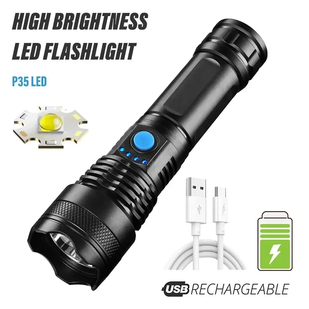 Rechargeable Camping Torch High Power Led Flashlight ABS Material With 3 Lighting Modes For Adventure, Camping, Outdoor, Etc. Oasis Select