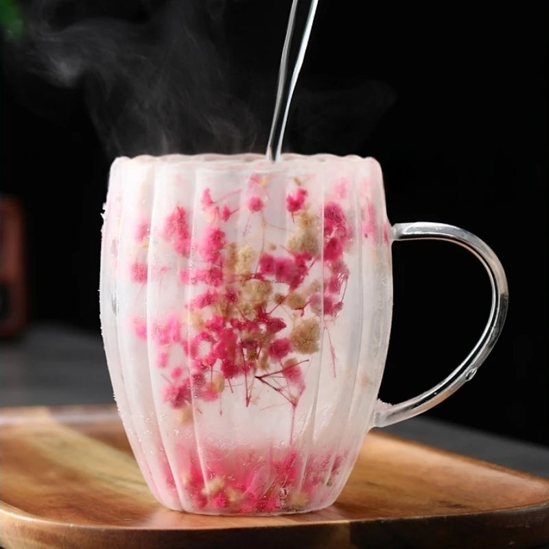 Borosilicate Double-Wall Ribbed Glass Mug, Dried-Flower Heatproof Lovely Cup for Coffee & Tea, Home&Office Gift, Handwash Oasis Select