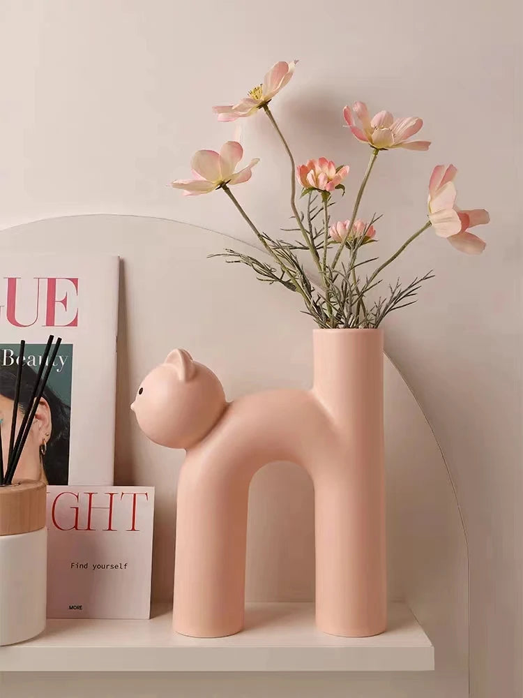 Ceramic Flower Vase Cute Tubular Kawaii Cat Vase Room Home Desktop Decoration Art Ornament Gift Flowerpot Vase Decor Oasis Select