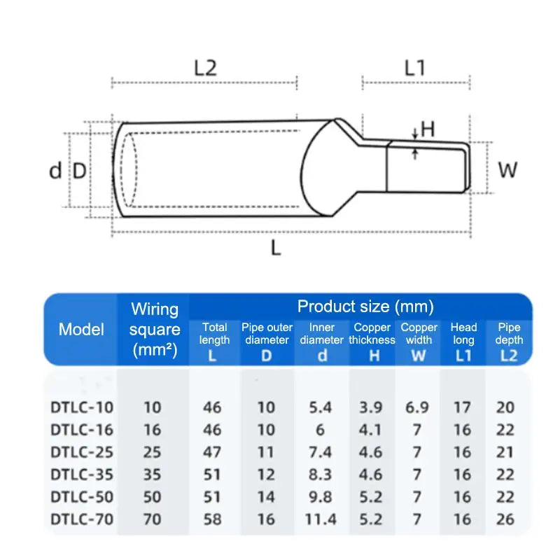 5Pcs DTLC-10/16/25/35/50/70 Electrical Cable Wire Tubular Lug Screw Connection Connector Copper-AL Cord Spade Pin Crimp Terminal Oasis Select
