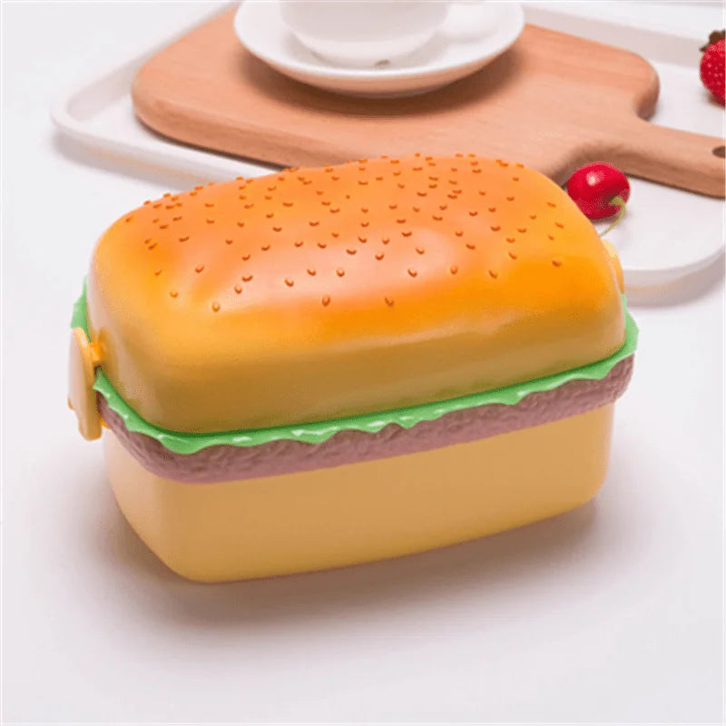 Hamburger Lunch Box Double Tier Cute Burger Bento Box Microwave Food Container Fork Tableware Set Oasis Select rectangle