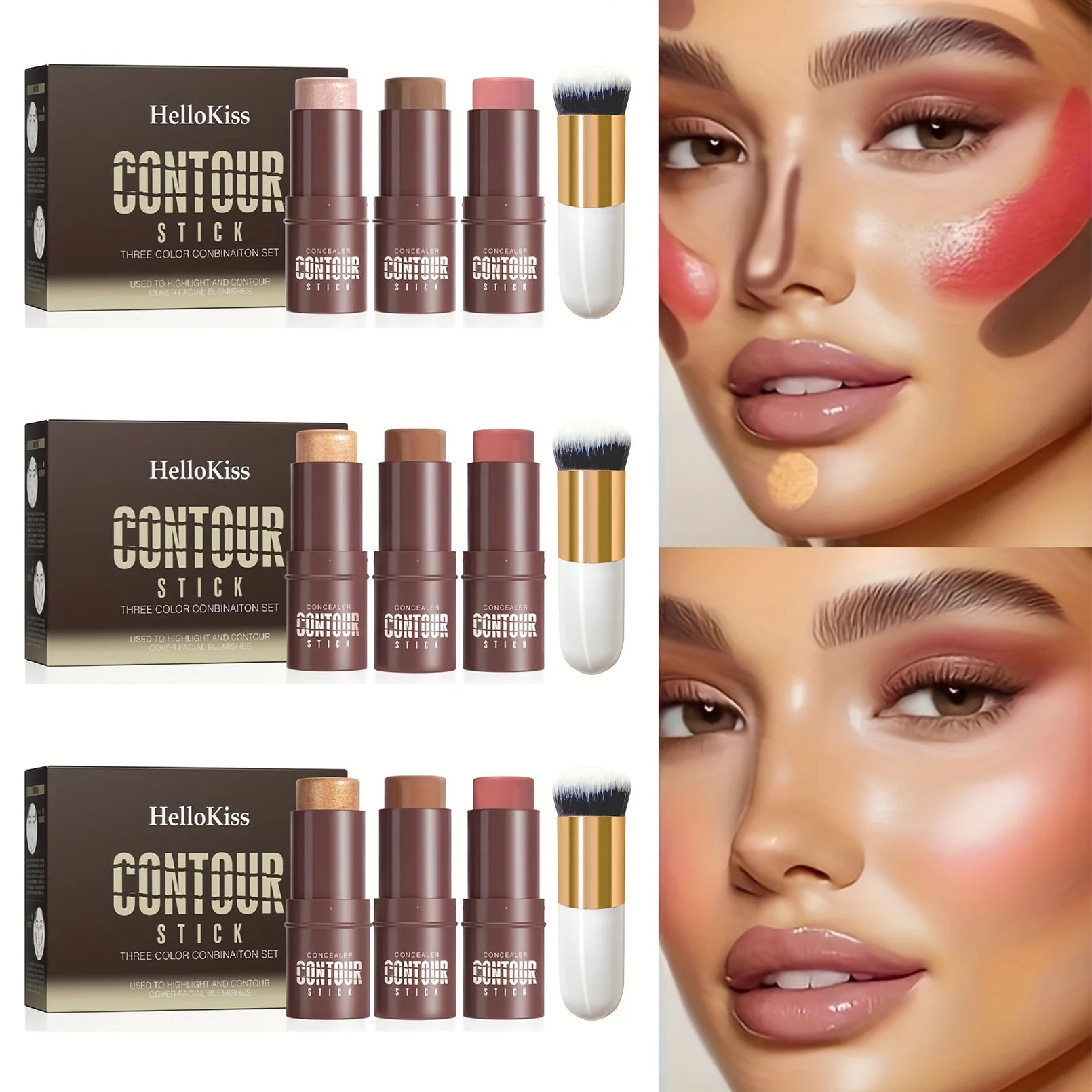 Hello Kiss 4-Piece Cream Contour Kit – Stick & Brush Set